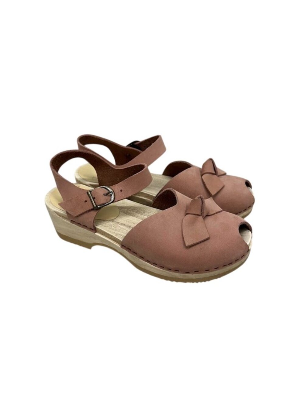 Sven Clogs Bow Tie Wooden Heels Leather Peep Toe Clogs Shoes Womens 40 US 9.5-10